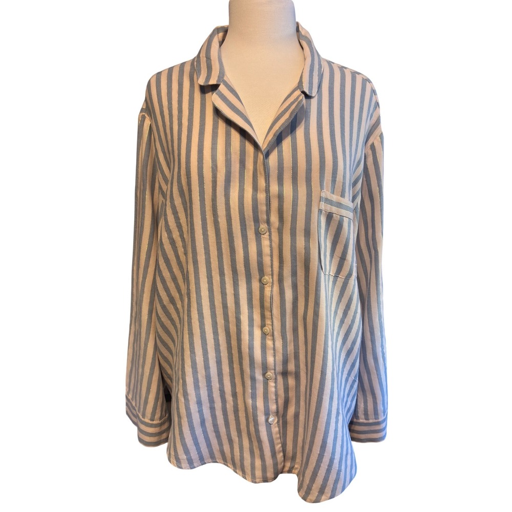 Victoria's Secret Pajama Top Stripe Gold Metallic Button Up Shirt Women's XXL